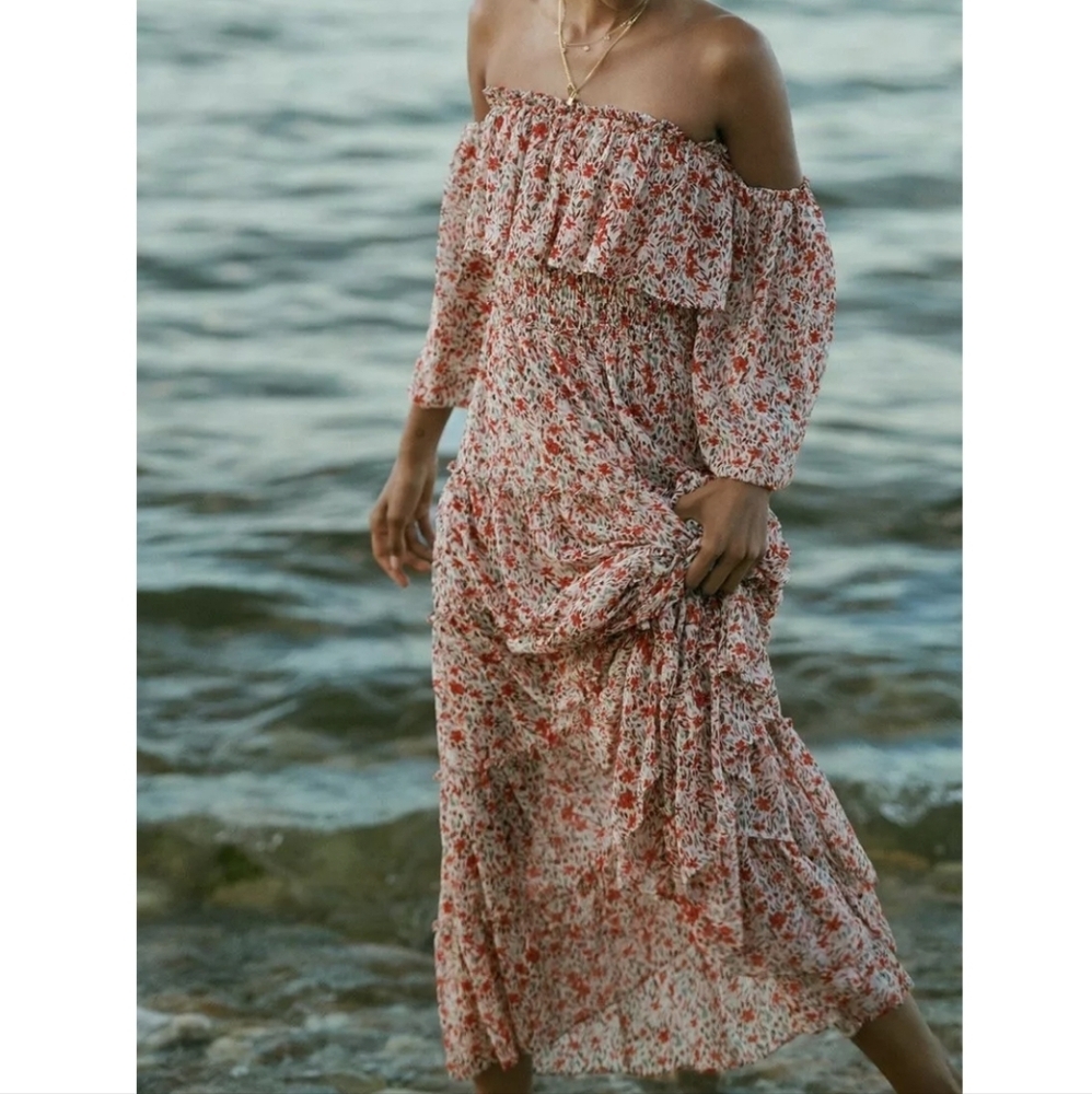 Misa Los Angeles Off‑Shoulder Floral Maxi Dress in White and Red